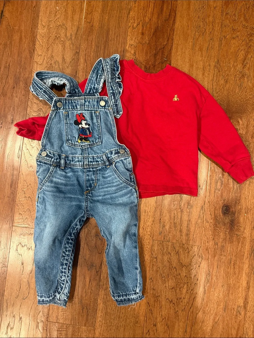 GAP Red Sweatshirt with Blue Denim Minnie Overalls - Kids